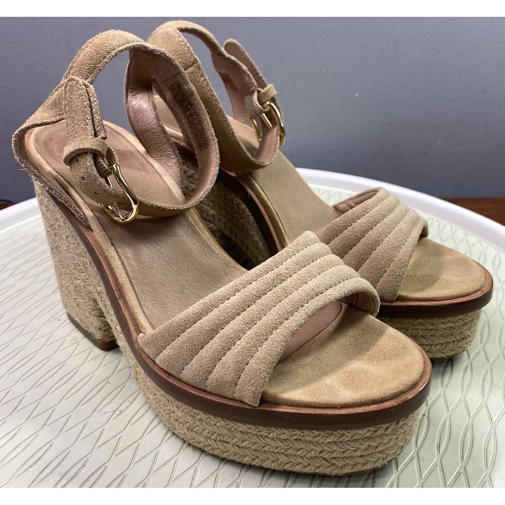 UGG Laynce Women Suede Espadrille Platform Wedge Beige Sandal 7.5